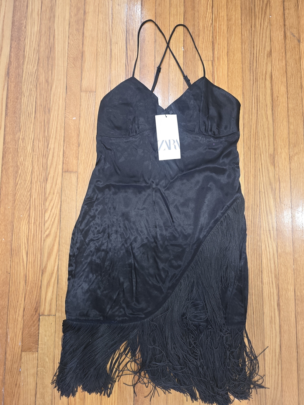 Zara Black Satin Fringe Mini Dress